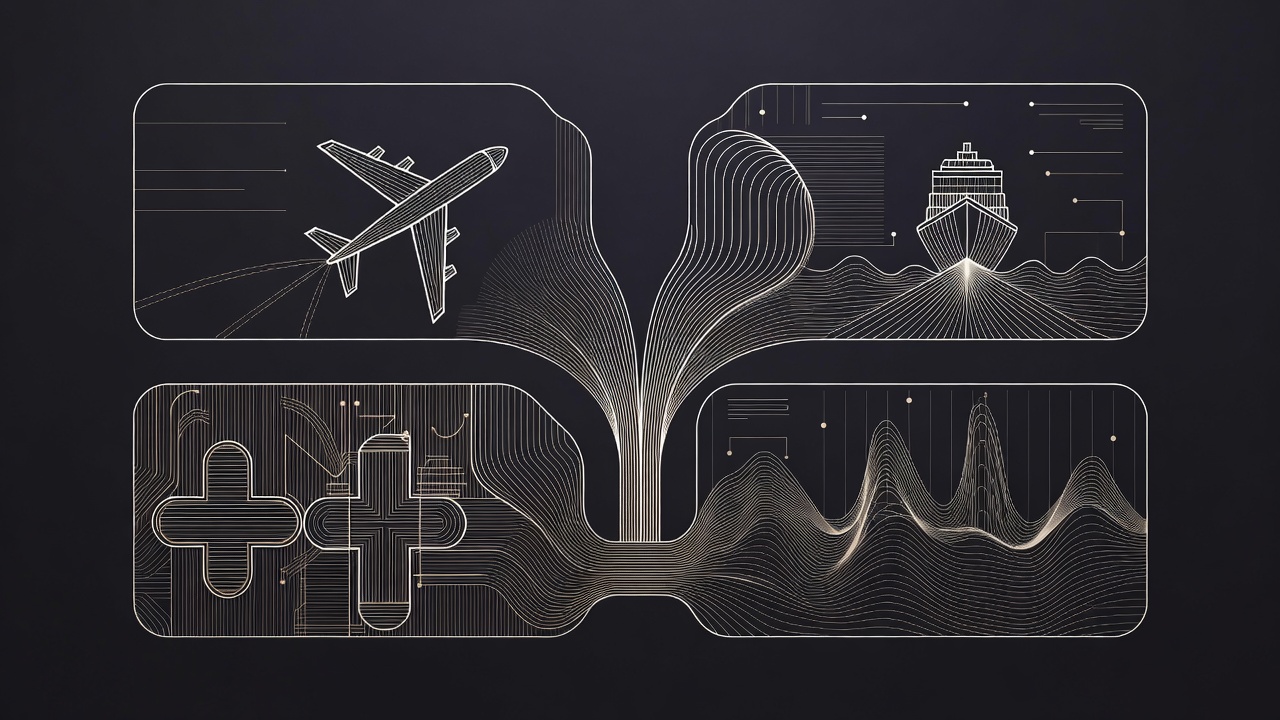 Illustration connecting aviation, maritime, pharmaceutical, and energy operations through the same underlying flow