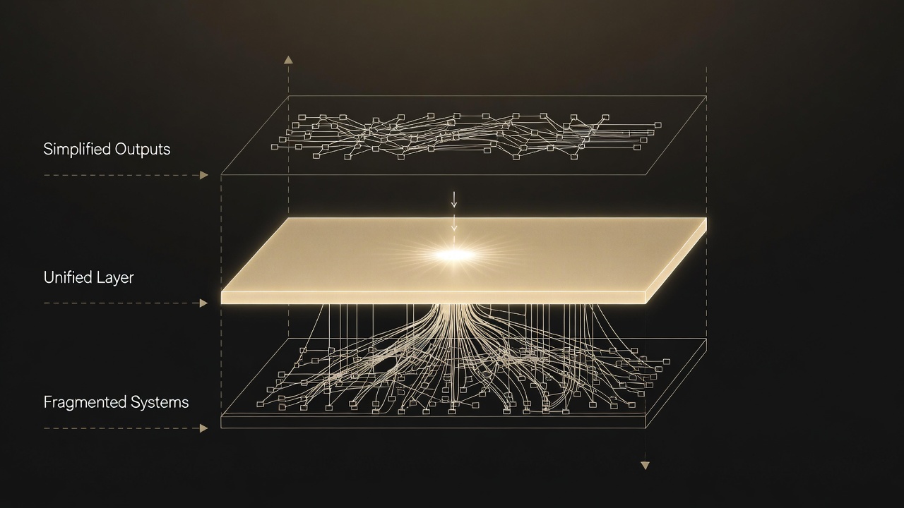 Diagram showing fragmented systems feeding a unified operational intelligence layer that produces simplified outputs